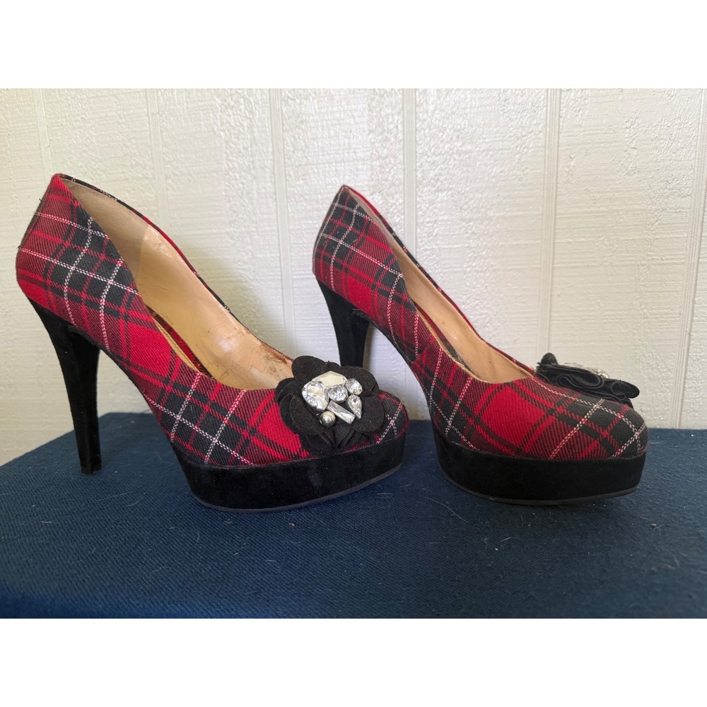 Gianni Bini Red Plaid Platform Pumps Black Floral Rhinestone Heels Womens 9M